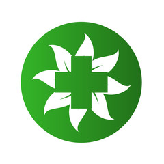 Icono plano cruz espacio negativo en hojas en circulo verde