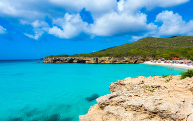 Paradise beach Grote Knip on tropical caribbean island, Curacao, Netherlands. Copy space for text.