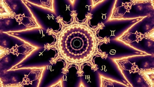Transforming Magic circle with zodiacs sign on balck mystic mandala background..