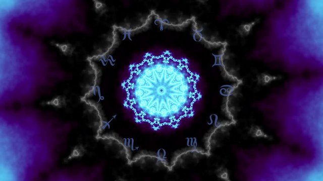 Transforming Magic circle with zodiacs sign on balck mystic mandala background..