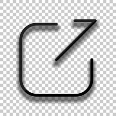 Share, logout or upload. Diagonal arrow out square. Black glass icon with soft shadow on transparent background