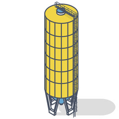 Grain silo, isometric building infographic, oulined yellow seed elevator on white background. Illustration set for article, agriculture, farming, husbandry. Flatten isolated master vector © weenee