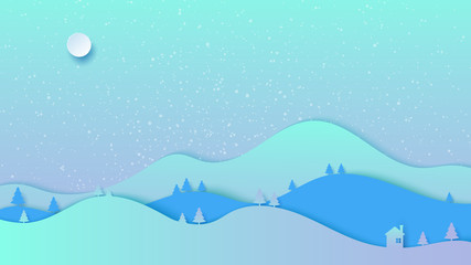 Nature of forest winter landscape with mountain and sky background template.Paper art style vector illustration.