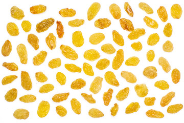 Lot of whole dry golden raisins sultana variety split flatlay isolated on white background