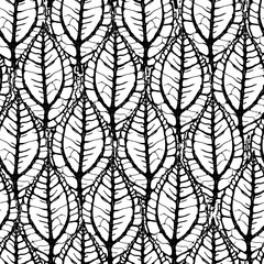 Ink hand drawn seamless pattern with exotic plant leaves