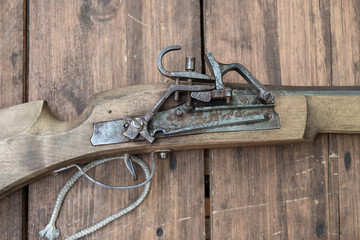 Closeup of antique firearm. Close-up.