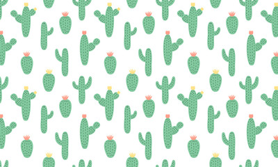 Blooming Cactus blank for banner. Seamless vector hand drawn pattern in doodles style in cliping mask