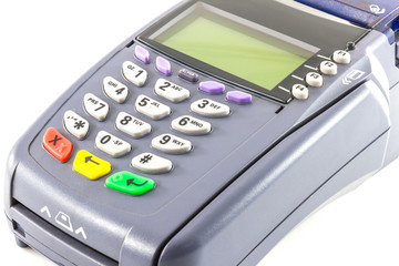 Close-up of payment machine , credit card machine isolated on white