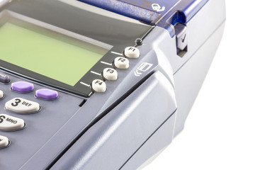 Close-up of payment machine , credit card machine isolated on white