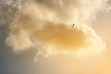 The plane flies in the clouds