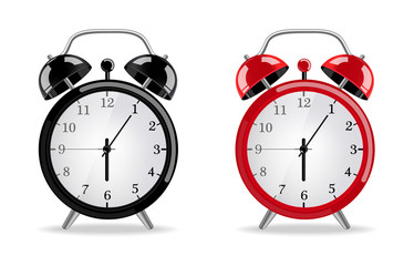 Alarm clock Vector realistic. Red and black clocks isolated on whites