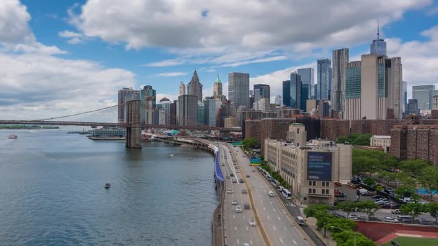 4k hyperlapse video of Manhattan skyline and Brooklyn Bridge in daytime
