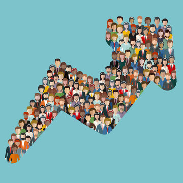 Concept of attracting customers and clients to business. Large group of people in the shape of an arrow direction. Flat Vector illustration.
