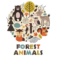 forest animals in circle Scandinavian style -  vector illustration, eps