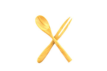 Mini Wooden spoon and fork isolated on white background