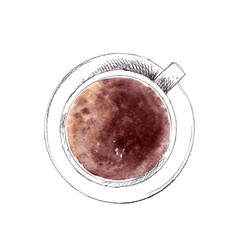 Hand drawn cup of americano coffee, top view. Pencil sketch with watercolor stain.