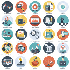Colorful icon set for business, management, technology and finances. Flat objects for websites and mobile applications