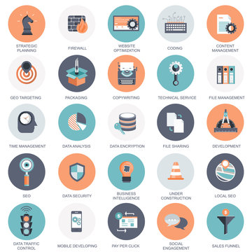 Vector collection of colorful flat search engine optimization, business, technology and finances icons. Design elements for mobile and web applications.