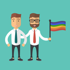Vector illustration for pride month event celebration. Two gay man standing together with rainbow flag.