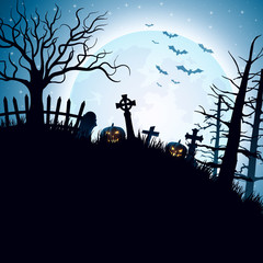 Halloween night background with pumpkin in hill 