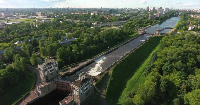 Moscow Chanel and gateways above the road, Moscow, Russia. Aerial