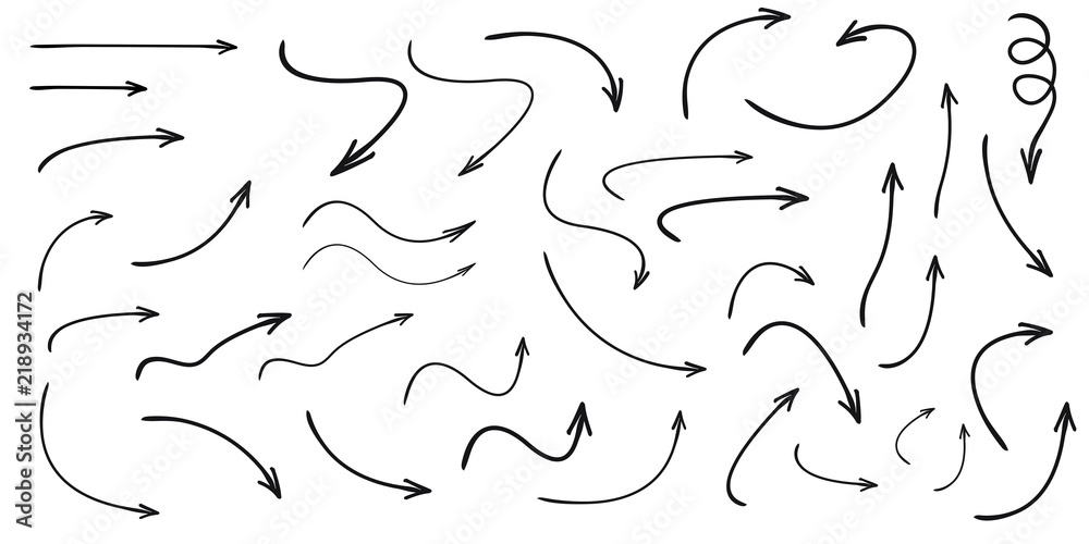 Wall mural set of vector curved arrows hand drawn. sketch doodle style. collection of pointers.