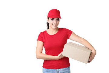 Delivery woman with cardboard box on white background