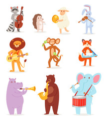 Fototapeta premium Animal music vector animalistic character musician lion or rabbit playing on musical instruments guitar and violin illustration set of elephant or monkey with drum isolated on white background