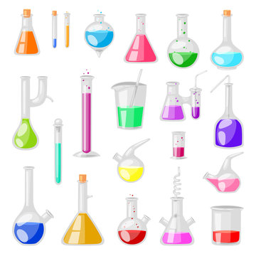 Test-tube flask vector chemical glass test tubes filled with liquid for scientific research or experiment illustration chemistry set of glassware isolated on white background