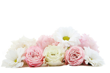 Bouquet of eustoma and chamomile flowers isolated on white background