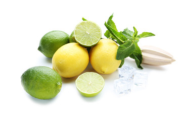 Lemon and lime with mint leafs on white background