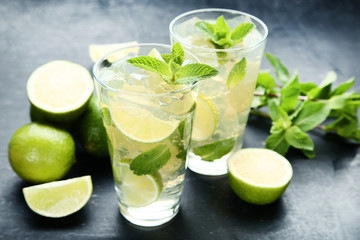 Mojito cocktail in glass on wooden table
