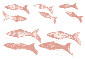 silhouettes of pink fish, linocut