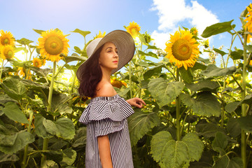 Beautiful young girl enjoying nature on the field of sunflowers at sunset. beautiful sweet girl in dress and hat walking on a field of sunflowers, smiling.