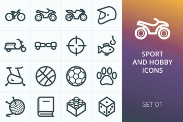 Sport and hobbies icons set. Set of bike, sports equipment, ATV, fishing, hunting, needlework, gyroscooter, games icons