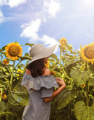 Woman in sunflower field - rural life and aromatherapy concept.