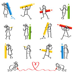 Strichmännchen Set, Stichfiguren halten bunte Stifte, schreiben, malen, laufen, Schule, Schulkinder