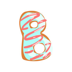 B letter in the shape of sweet glazed cookie, bakery edible font of English alphabet vector Illustration on a white background