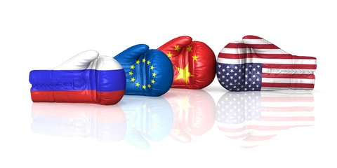 trade war tariffs sanctions currency war usa us china russia eu europe european union 3d boxing gloves flags fight isolated on black