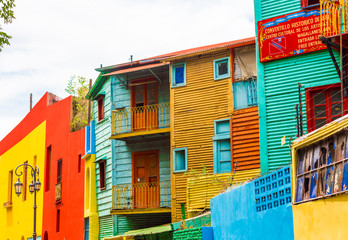 View of colorful buildings in the city center, Buenos Aires, Argentina. Copy space for text.