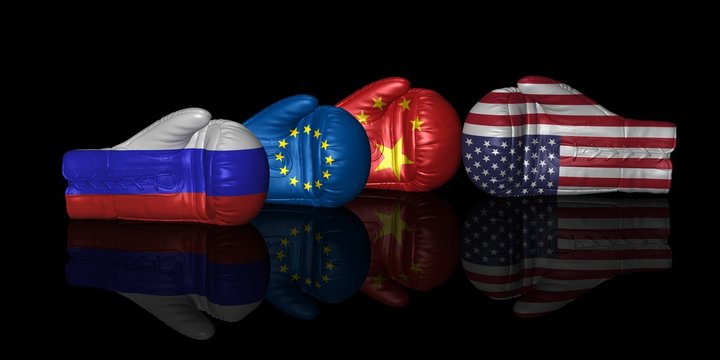 trade war currency crisis tariff sanctions usa us china russia eu europe european union 3d boxing gloves flags tax duty import entrance restrictions armament military nuclear weapons conflict isolated