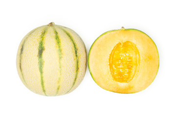 Group of one whole one half of fresh melon cantaloupe variety without seeds flatlay isolated on white background