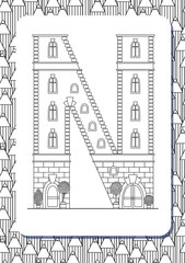 Cartoon letter N drawn in the shape of house. Vertical page for coloring