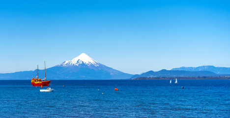 Osorno volcano and Llanquihue lake, nacional park Vicente Perez Rosales, Puerto Varas, Chile. Copy space for text.