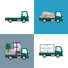 Green Small Trucks with Different Loads Isolated, Empty and Covered Trucks, Lorry with Furniture ,Freight Car with Windows, Delivery Services, Transport Services and Logistics, Vector Illustration