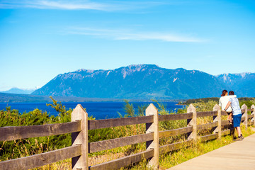 Wooden fence near the Llanquihue lake, nacional park Vicente Perez Rosales, Puerto Varas, Chile. Copy space for text.