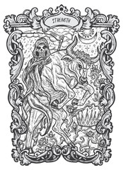 Fototapeta na wymiar Strength. Major Arcana tarot card. The Magic Gate deck. Fantasy engraved vector illustration with occult mysterious symbols and esoteric concept