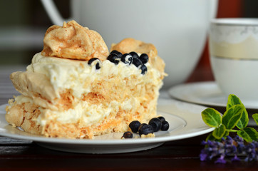 A piece of meringue cake with blueberries on a white plate