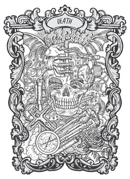 Death. Major Arcana tarot card. The Magic Gate deck. Fantasy engraved vector illustration with occult mysterious symbols and esoteric concept
