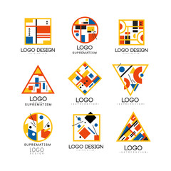 Suprematism logo design set, abstract creative geometric templates can be used for brand identity, advertising, poster, banner, flyer, web, app vector Illustrations on a white background